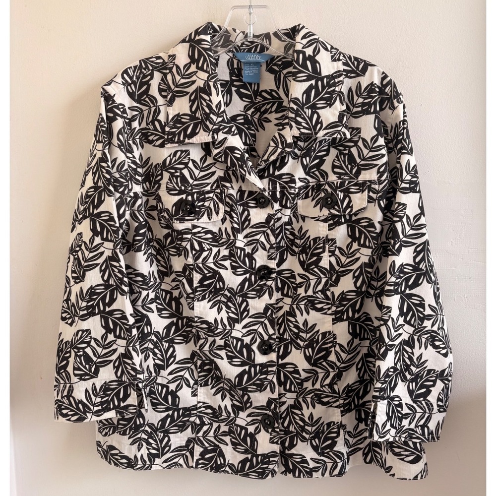Napa Valley Womens XL Tropical Leaf Boho Jacket Black White Botanical Shacket - Picture 2 of 6